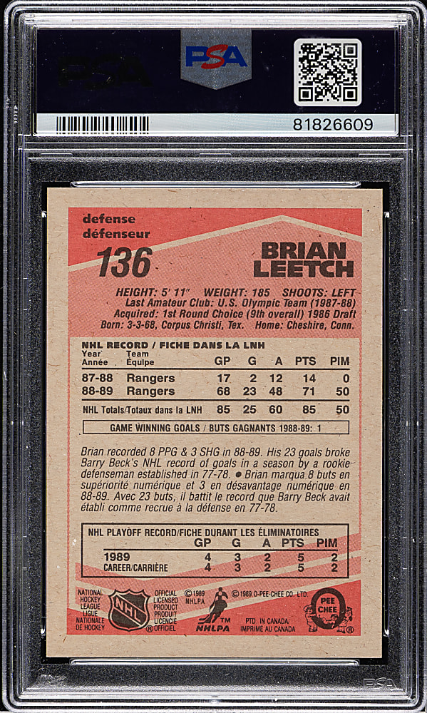 1989-1990 O-Pee-Chee Hockey #136 Brian Leetch Rookie PSA GEM MINT 10