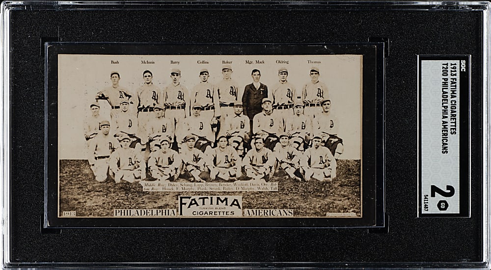 1913 T200 Fatima Team Card Philadelphia Americans with Mack, Backer, Bender, Collins, and Plank SGC GOOD 2