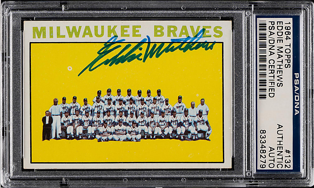 Signed 1964 Topps #132 Milwaukee Braves with Eddie Mathews - PSA/DNA