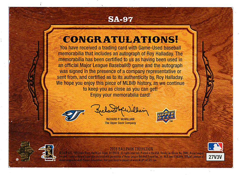 2008 Upper Deck Ballpark Collection Single Swatch Jersey Autographs #SA-97 Roy Halladay