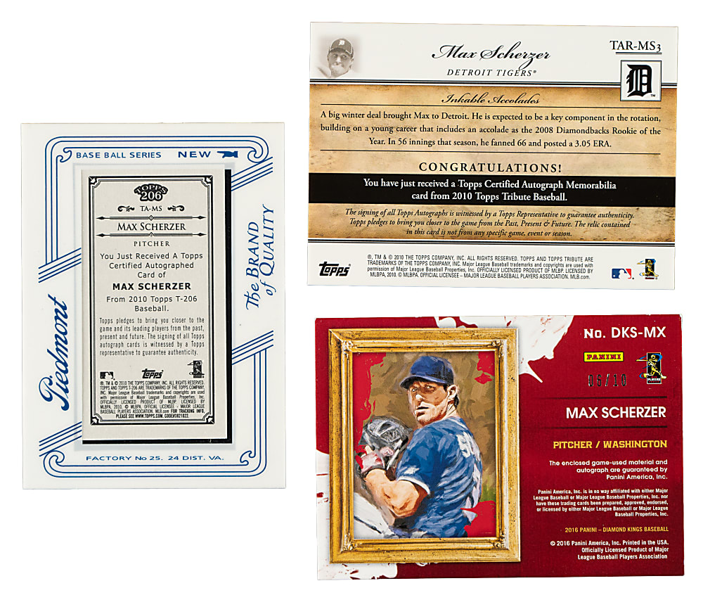 2010 and 2017 Topps and Panini Autograph Relic Max Scherzer Trio