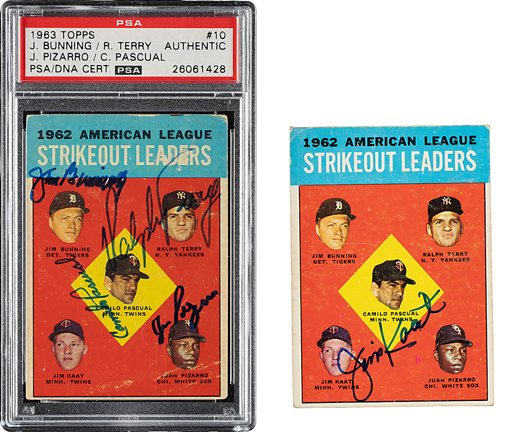 1963 Topps #10 AL Strikeout Leaders Single- and Multi-Signed Pair with Jim Kaat and Jim Bunning - PSA/DNA and JSA