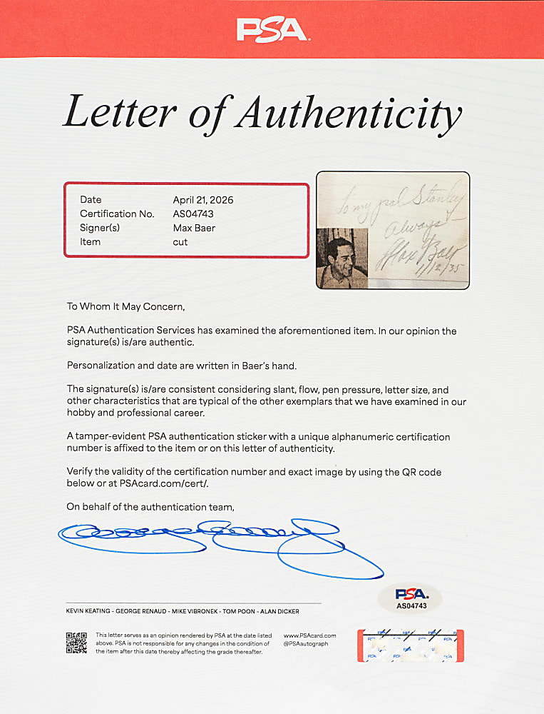 1935 Max Baer Cut Signature - PSA/DNA