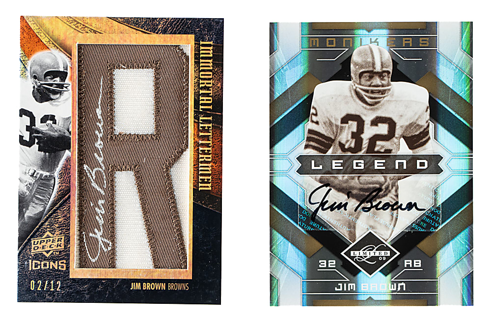2008 and 2009 Upper Deck and Donruss Football Autographs and Relic Jim Brown Pair - Both #/50 or Less!
