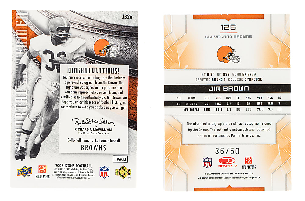 2008 and 2009 Upper Deck and Donruss Football Autographs and Relic Jim Brown Pair - Both #/50 or Less!