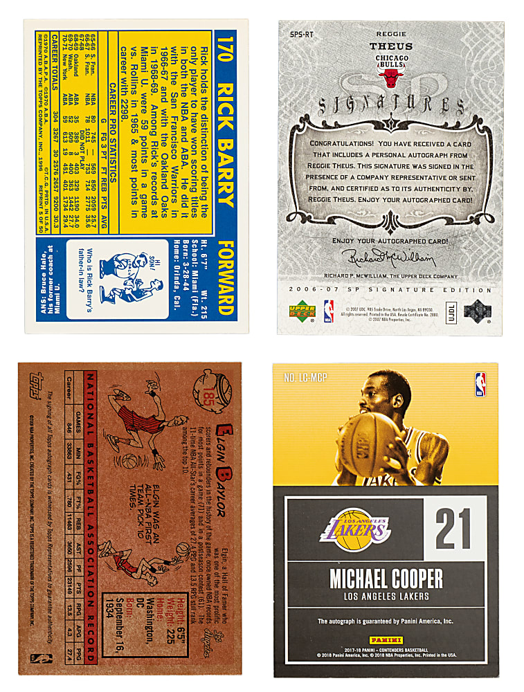 1996 to 2017 Topps, Upper Deck, and Panini Basketball Autographs Collection (4): Rick Barry, Reggie Theus, Elgin Baylor, and Michael Cooper