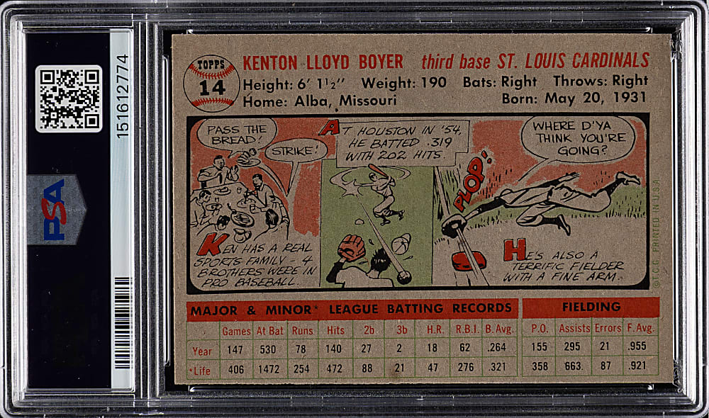1956 Topps #14 Ken Boyer Gray Back PSA MINT 9