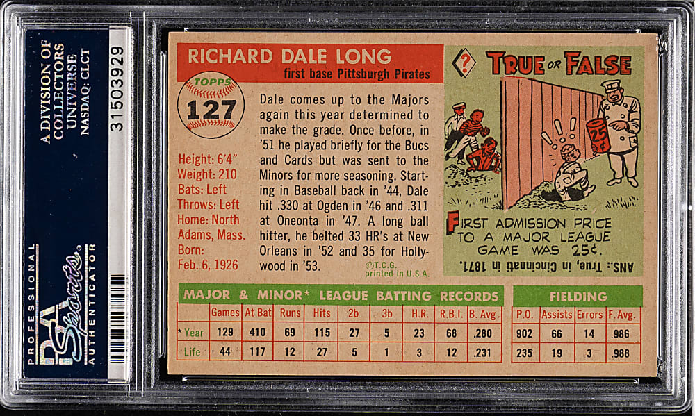 1955 Topps #127 Dale Long PSA MINT 9