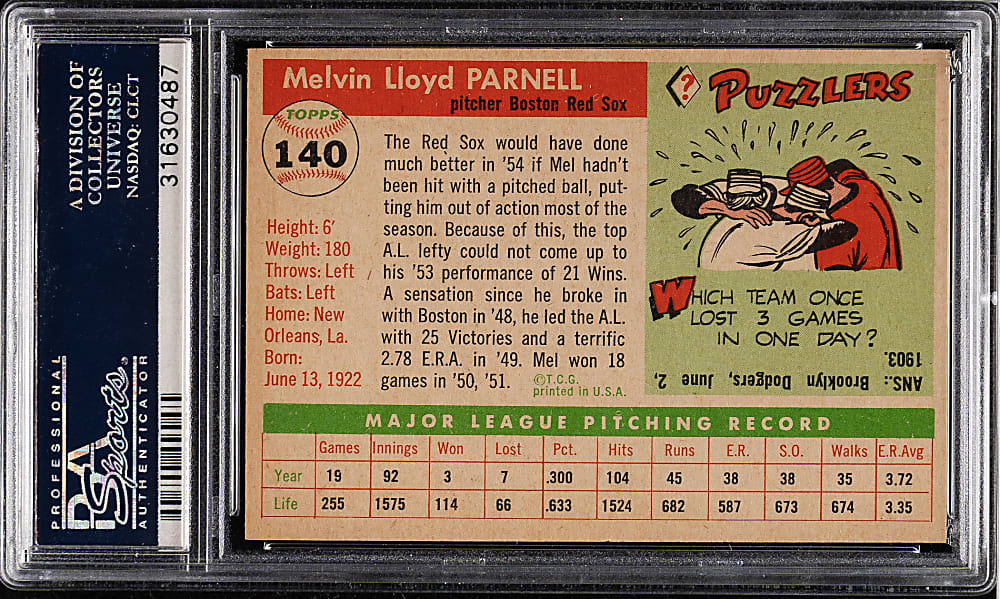 1955 Topps #140 Mel Parnell PSA MINT 9