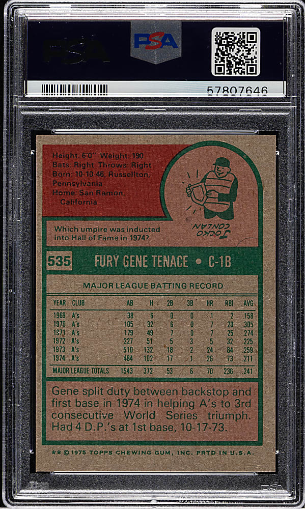 1975 Topps #535 Gene Tenace PSA GEM MINT 10