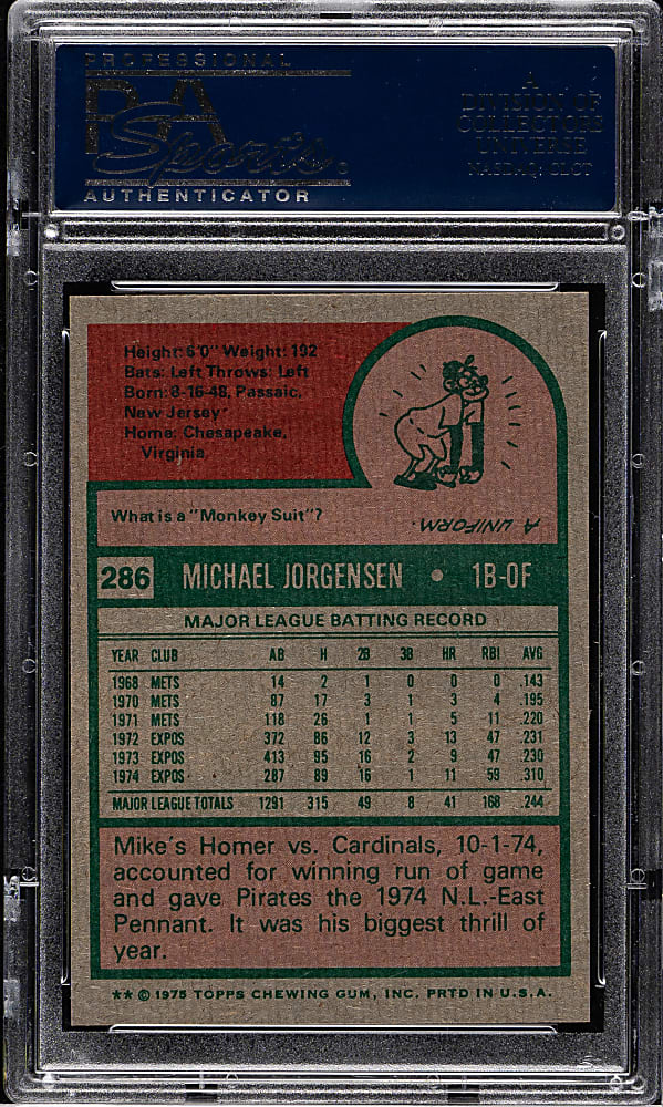 1975 Topps #286 Mike Jorgensen PSA MINT 9