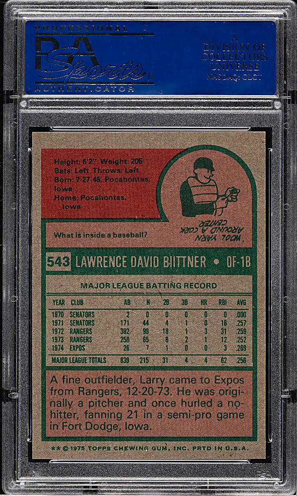 1975 Topps #543 Larry Biittner PSA MINT 9
