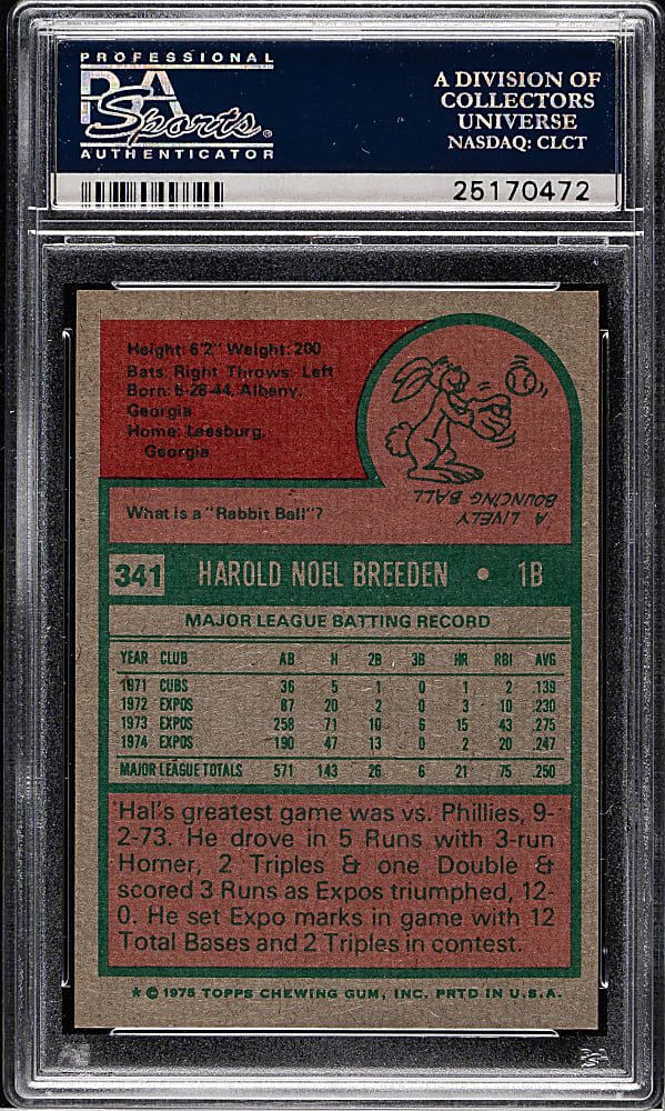 1975 Topps #341 Hal Breeden PSA MINT 9