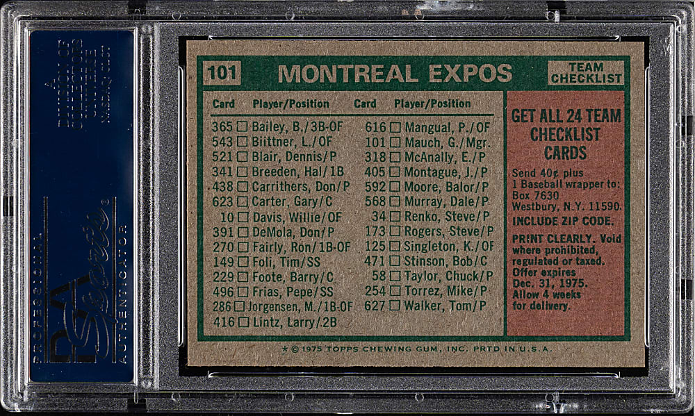 1975 Topps #101 Montreal Expos Team PSA MINT 9