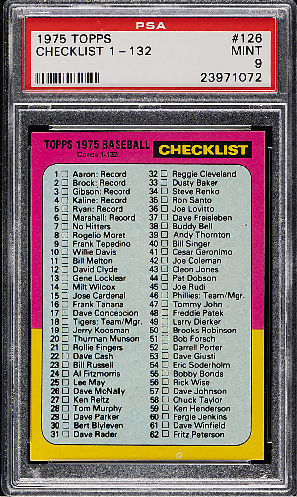 1975 Topps #126 Checklist 1-132 PSA MINT 9