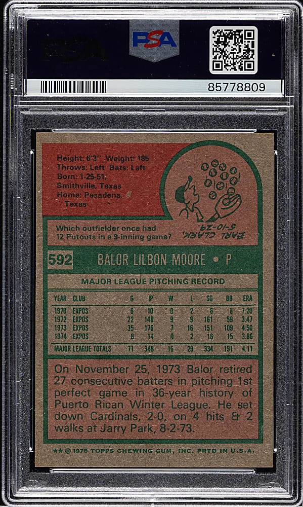 1975 Topps #592 Balor Moore PSA MINT 9
