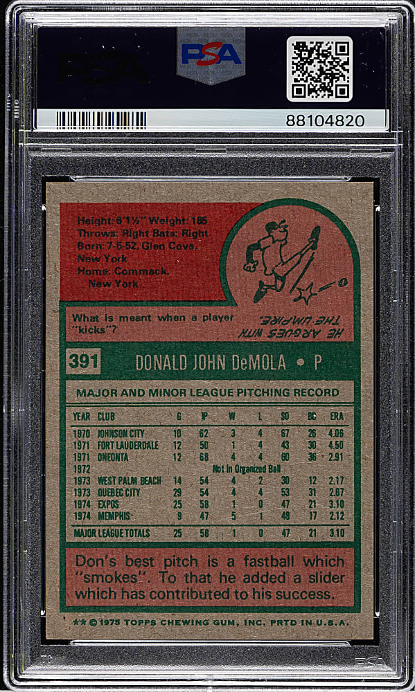 1975 Topps #391 Don DeMola PSA MINT 9
