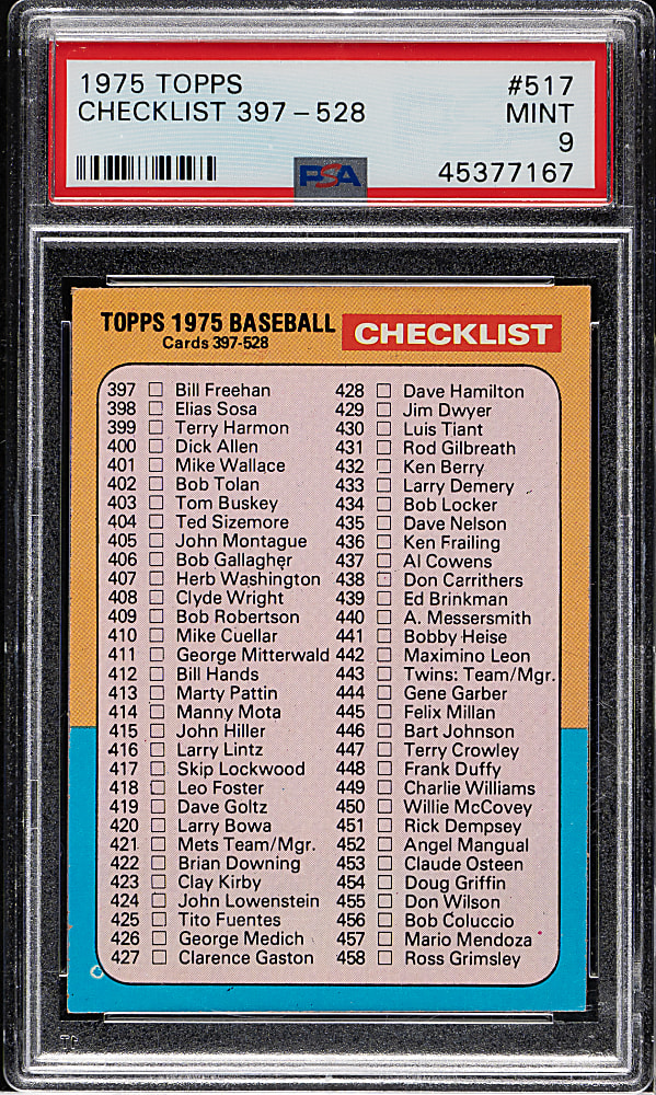 1975 Topps #517 Checklist 397-528 PSA MINT 9