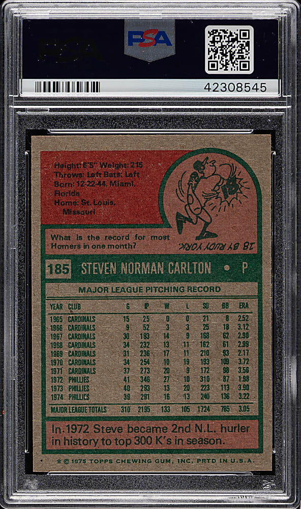 1975 Topps #185 Steve Carlton PSA NM-MT 8