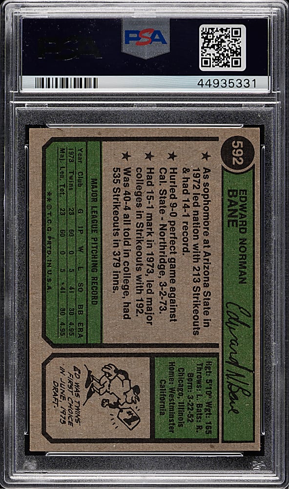 1974 Topps #592 Ed Bane PSA MINT 9