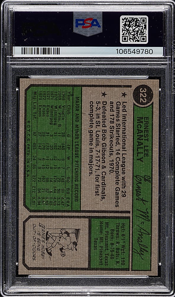 1974 Topps #322 Ernie McAnally PSA MINT 9