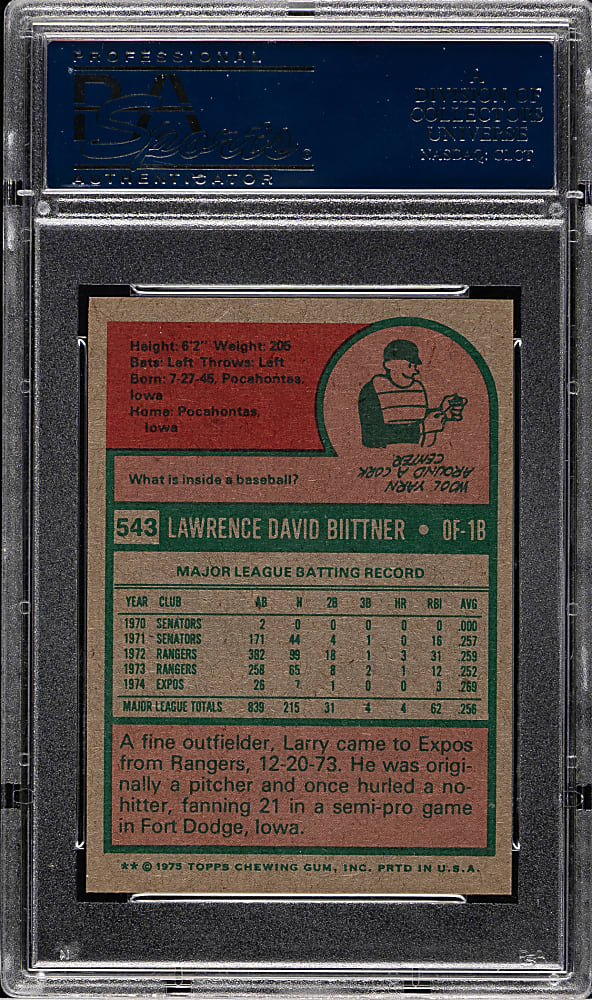 1975 Topps Mini #543 Larry Biittner PSA MINT 9