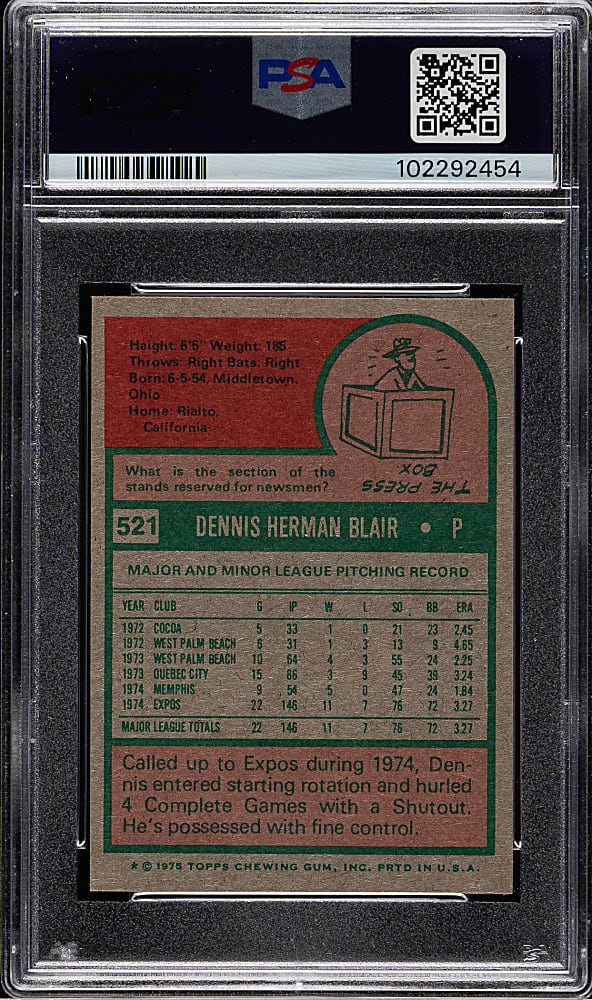 1975 Topps Mini #521 Dennis Blair PSA MINT 9