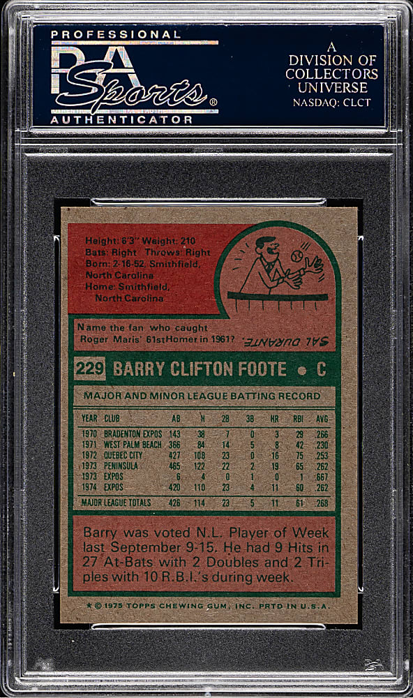1975 Topps Mini #229 Barry Foote PSA NM-MT 8