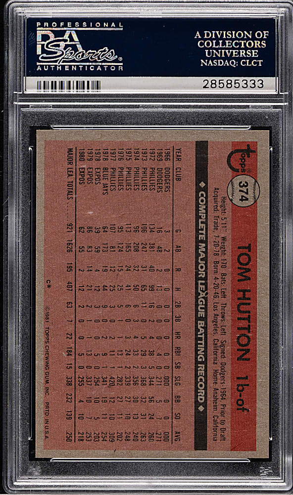 1981 Topps #374 Tom Hutton PSA GEM MINT 10