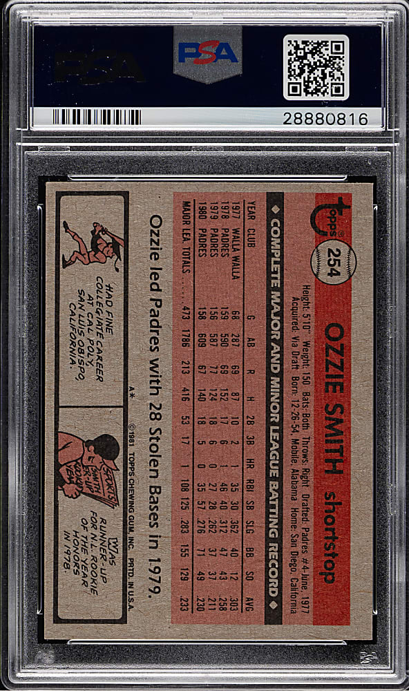 1981 Topps #254 Ozzie Smith PSA GEM MINT 10