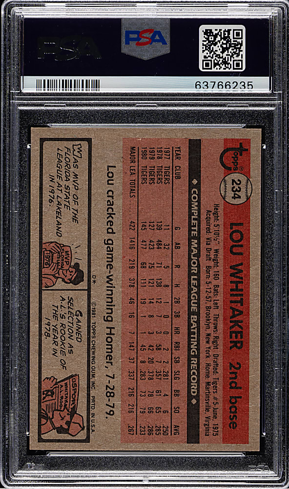 1981 Topps #234 Lou Whitaker PSA GEM MINT 10