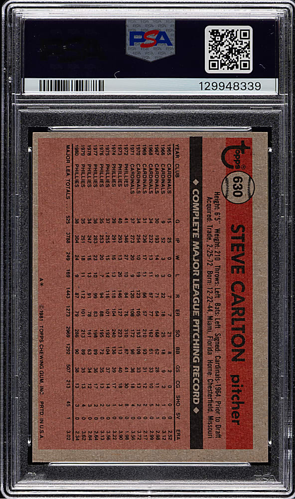 1981 Topps #630 Steve Carlton PSA MINT 9