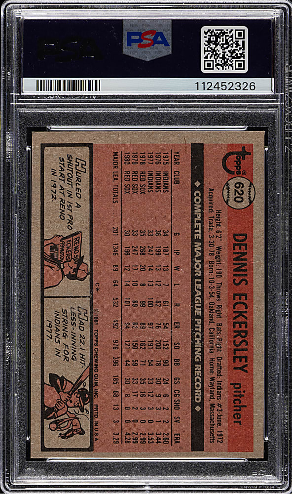 1981 Topps #620 Dennis Eckersley PSA MINT 9