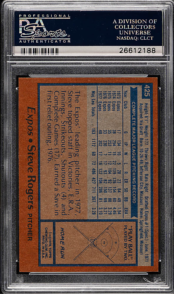 1978 Topps #425 Steve Rogers PSA GEM MINT 10