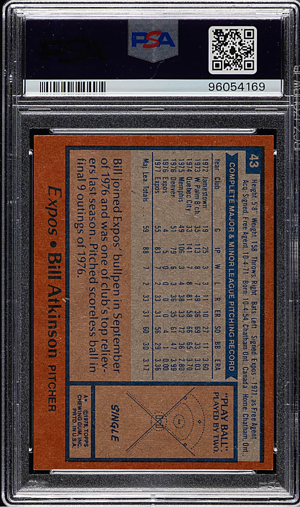 1978 Topps #43 Bill Atkinson PSA GEM MINT 10