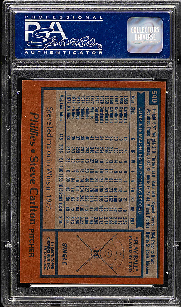 1978 Topps #540 Steve Carlton PSA MINT 9