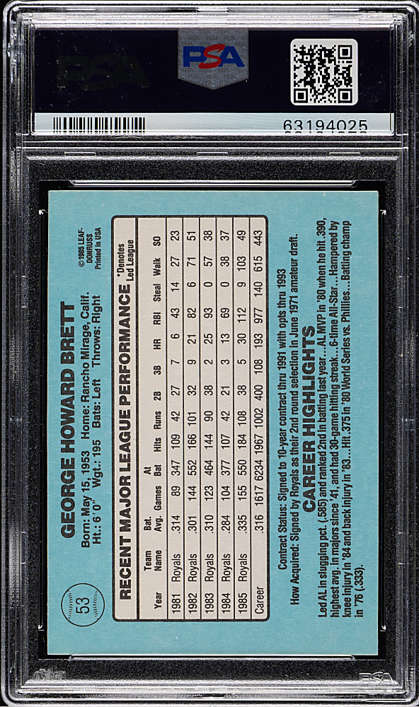 1986 Donruss #53 George Brett PSA GEM MINT 10