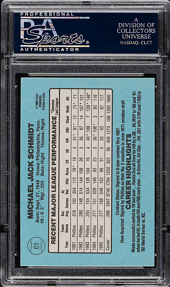 1986 Donruss #61 Mike Schmidt PSA GEM MINT 10