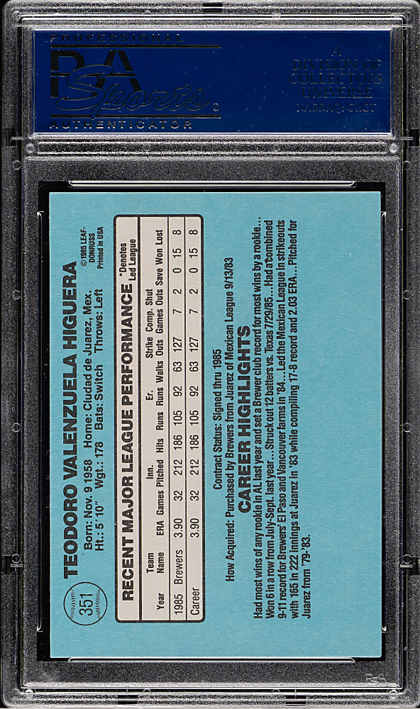 1986 Donruss #351 Ted Higuera PSA GEM MINT 10