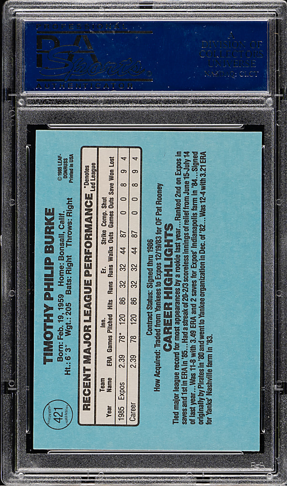 1986 Donruss #421 Tim Burke PSA GEM MINT 10