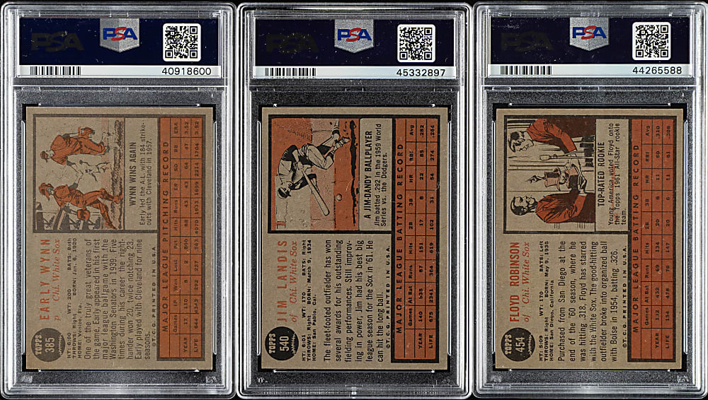 1962 Topps PSA NM 7 Trio: Early Wynn, Jim Landis, and Floyd Robinson