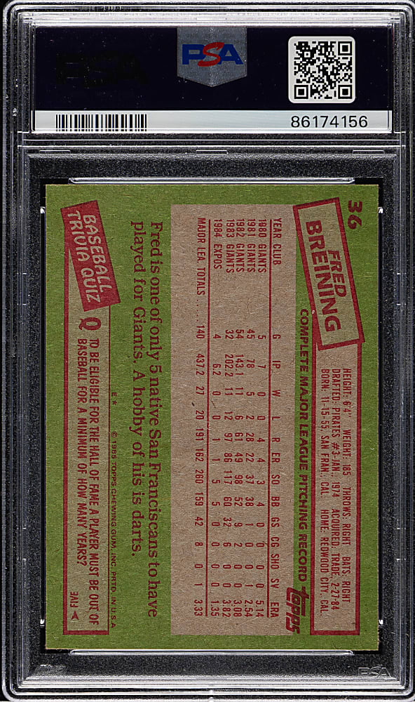 1985 Topps #36 Fred Breining PSA GEM MINT 10