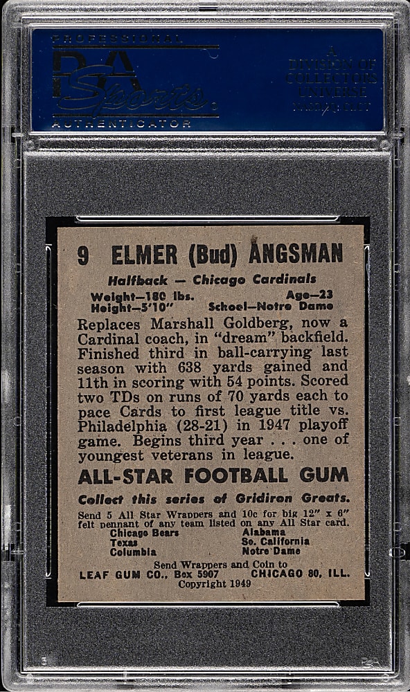 1949 Leaf Football #9 Bud Angsman PSA NM-MT 8