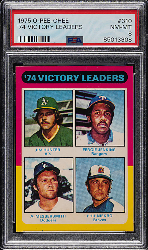 1975 O-Pee-Chee #310 '74 Victory Leaders with Jim Hunter, Fergie Jenkins, and Phil Niekro PSA NM-MT 8