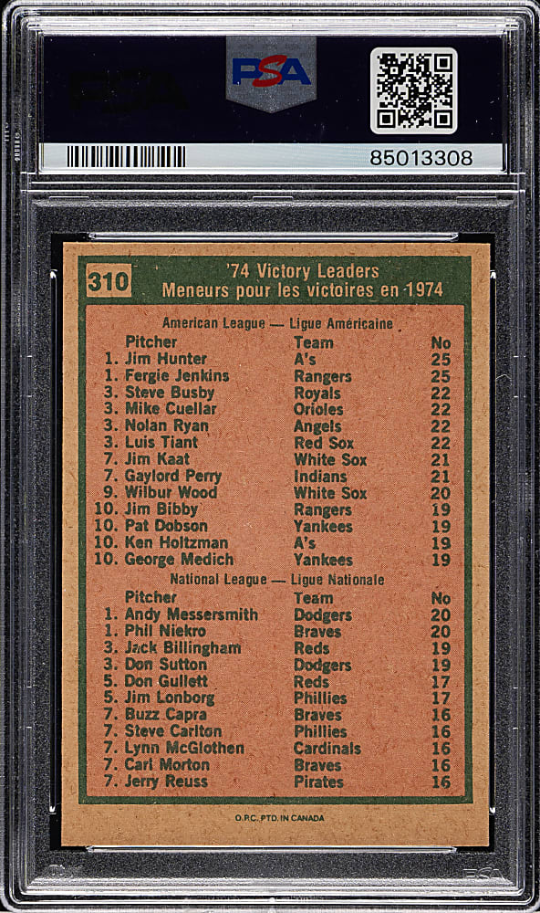 1975 O-Pee-Chee #310 '74 Victory Leaders with Jim Hunter, Fergie Jenkins, and Phil Niekro PSA NM-MT 8