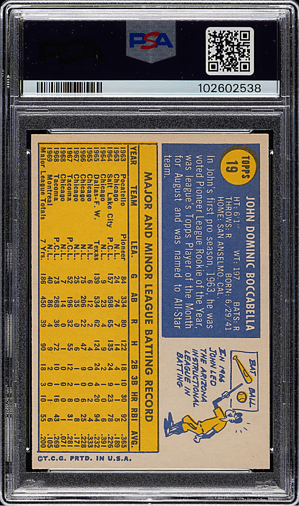 1970 Topps #19 John Boccabella PSA MINT 9