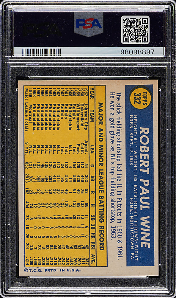 1970 Topps #332 Bobby Wine PSA MINT 9