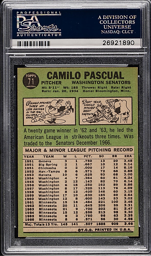 1967 Topps #71 Camilo Pascual PSA MINT 9
