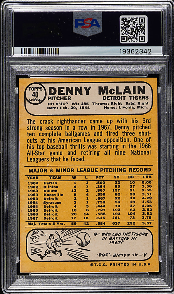 1968 Topps #40 Denny McLain PSA MINT 9