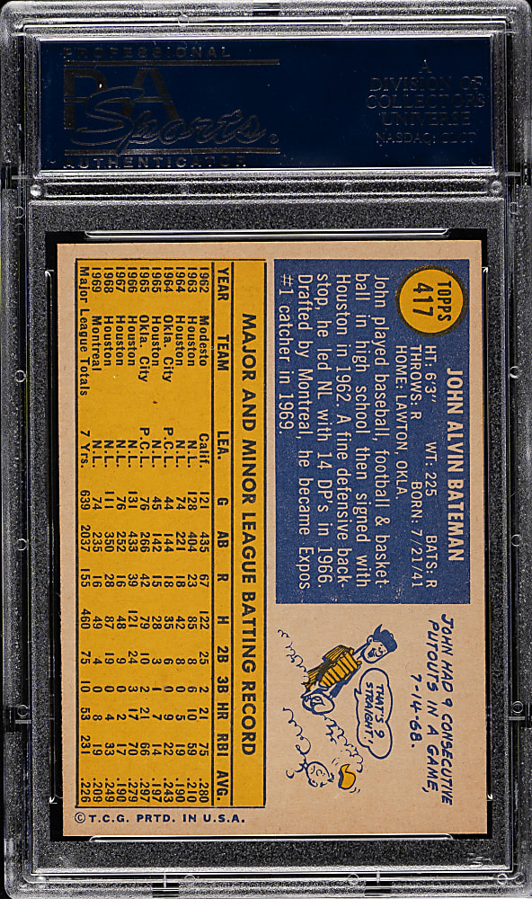 1970 Topps #417 John Bateman PSA GEM MINT 10